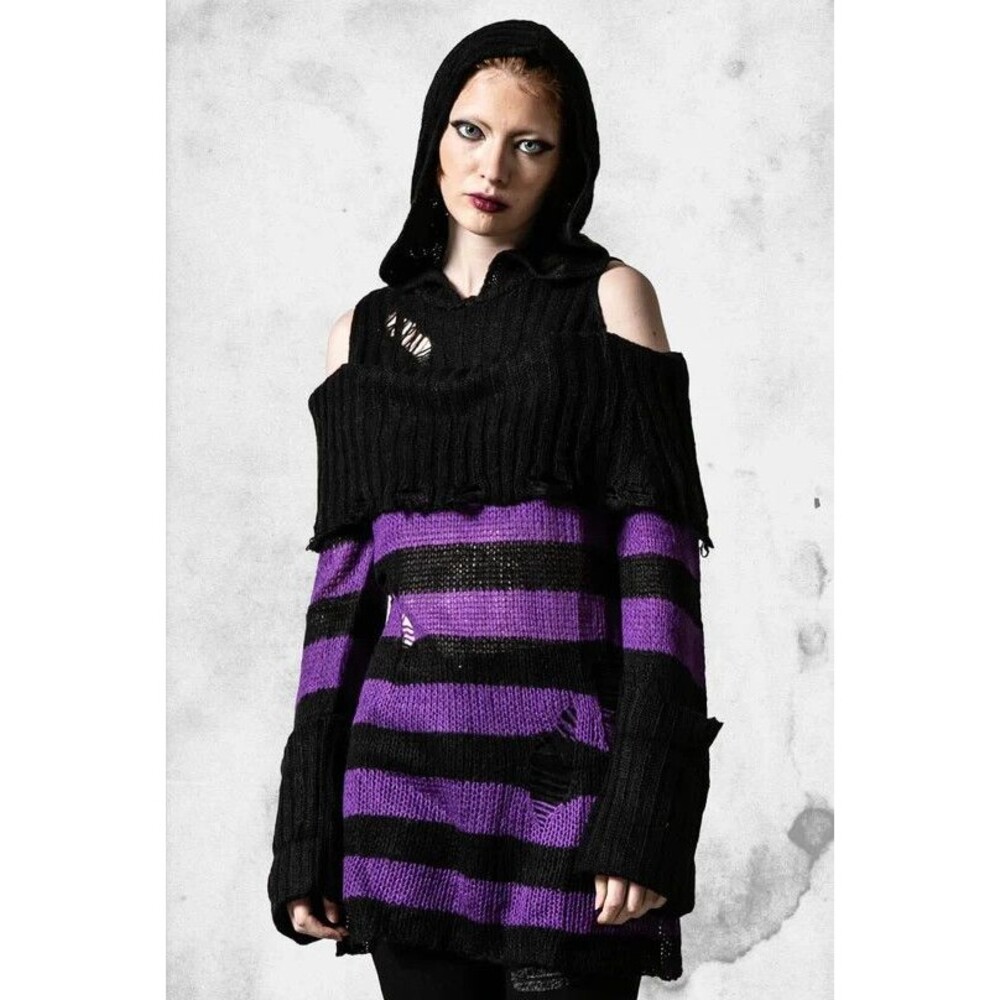 Killstar Salvia Hooded Knit Sweater — Purple, XXL, Cozy Gothic Style